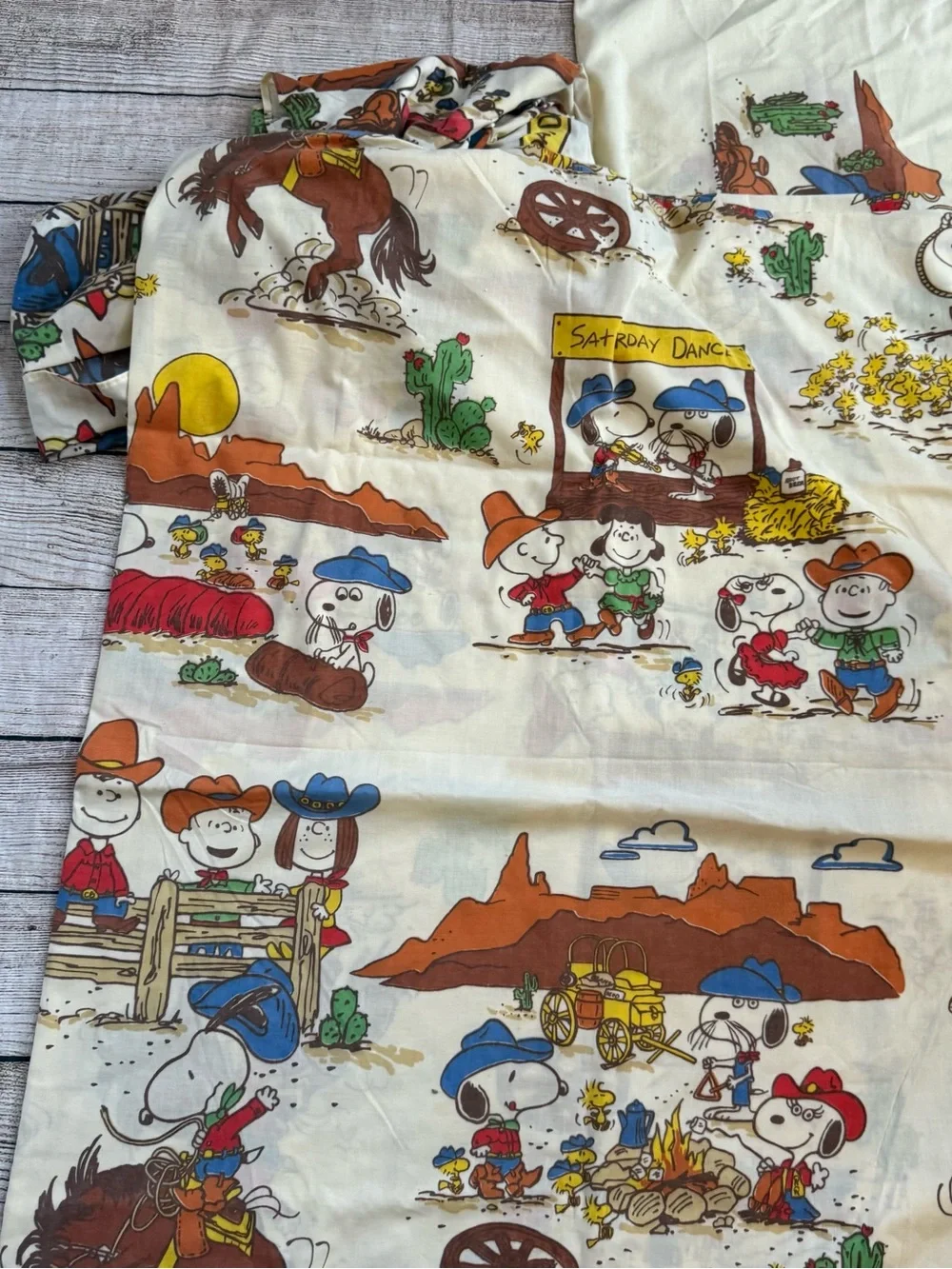 Vintage Peanuts Snoopy Goes West twin sheet set pillow case flat + fitted sheets
